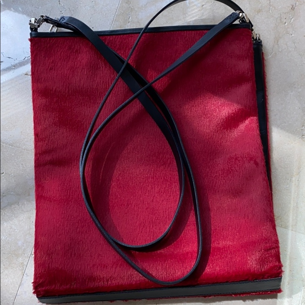 Messenger Handbag black leather red shearling
